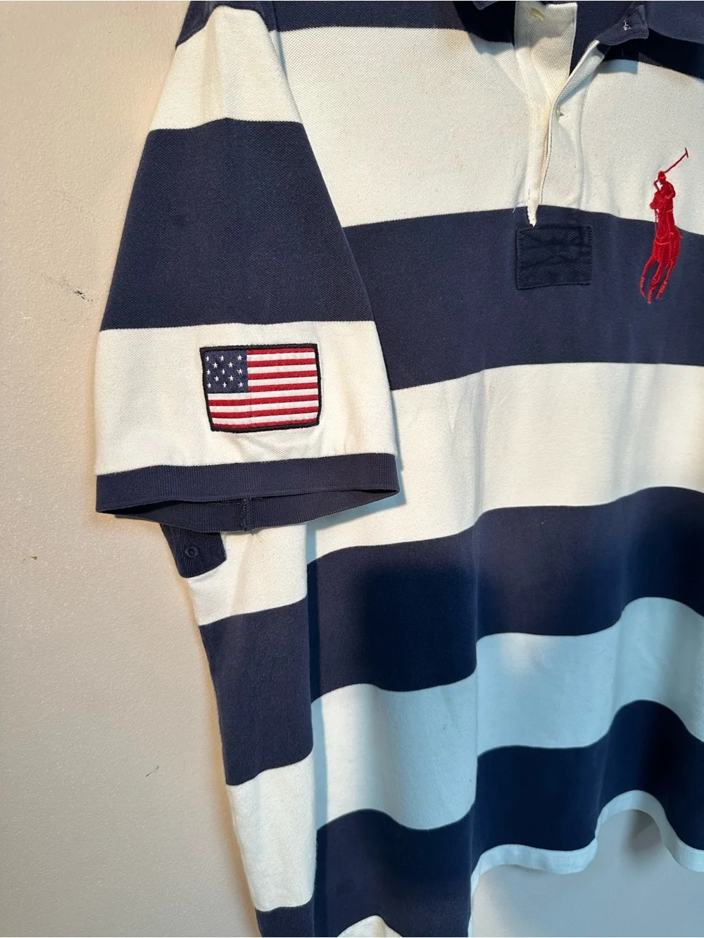 Ralph Lauren Navy and White Striped Rugby Style Polo with Red Pony US Flag